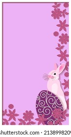 Happy Easter. Vertical template design with pink Easter bunny and eggs, flowers. Flat style. Frame for banners, greeting cards, social media. Vector illustration isolated on pink background