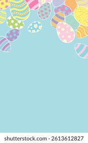 Happy Easter Vertical Vector Greeting Design Element. Bunnies, decorated and painted eggs. Flat style design in creative pastel colors.