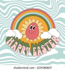 Happy Easter vintage banner, poster, greeting card. Trendy Easter design with typography, flowers, eggs, in pastel colors. Retro groovy style