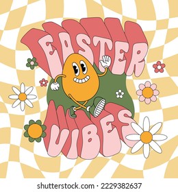 Happy Easter vintage banner, poster, greeting card. Trendy Easter design with typography, flowers, eggs, in pastel colors. Retro groovy style