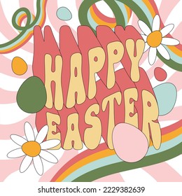 Happy Easter vintage banner, poster, greeting card. Trendy Easter design with typography, flowers, eggs, in pastel colors. Retro groovy style