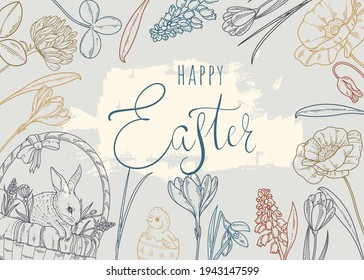 Happy easter. Vintage banner with rabbit and spring flowers