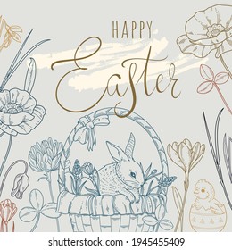 Happy easter. Vintage banner with rabbit and spring flowers
