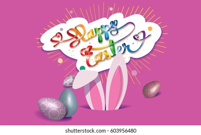 Happy Easter vintage card with Easter bunny in the hole,ribbon in rainbow colors,eggs and confetti isolated on a purple background.Vector illustration.