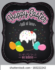 Happy Easter vintage card with cake and eggs. Chalking, freehand drawing