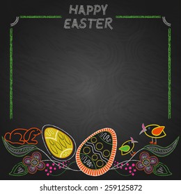 Happy Easter vintage card with eggs, rabbit, birds and flowers.