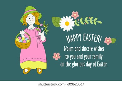 Happy Easter! Vintage card with wishes. Hand drawn. Girl holding basket with Easter eggs and a bouquet of spring flowers.