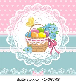 Happy easter vintage cards with colorful eggs in basket.  Vector illustration 