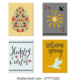 Happy Easter vintage cards design set isolated, calligraphic text, lettering, egg, birds, sun hand drawn