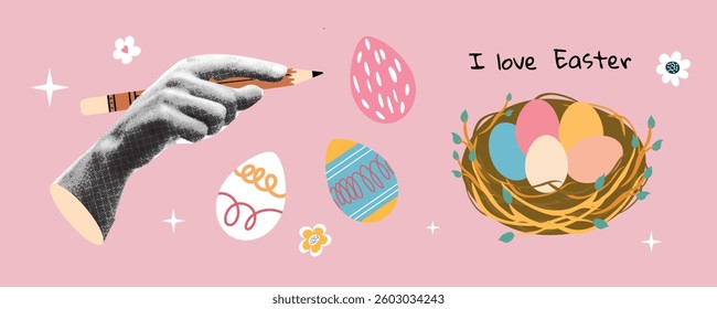 Happy Easter vintage collage with a halftone hand, eggs, and a handwritten festive inscription in pop art style. Trendy Easter sticker for banners, cards, and backgrounds. Vector design.