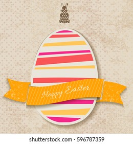 Happy easter vintage composition with painted striped egg and ribbon with congratulatory text on textured background vector illustration