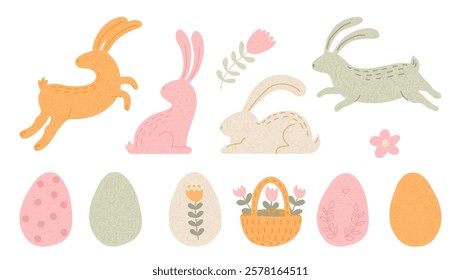 Happy Easter vintage craft grainy texture set with cute bunny animal, spring holiday eggs and floral pattern decorative design elements. Seasonal greeting card prints templates vector illustration