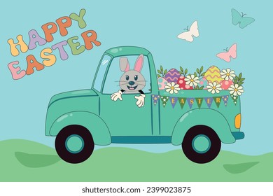 Happy Easter vintage cute bunny character on a truck with Easter eggs. Trendy Easter design with typography, flowers, eggs, in pastel colors. The concept of a spring holiday in a cartoon style 