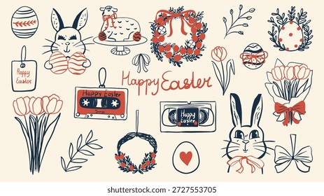 Colección de doodle vintage de Pascua feliz. Conejitos retro dibujados a mano y huevos decorados, y ramos de tulipanes. Cintas de casete nostálgicas, coronas y Elementos florales de primavera. Conjunto de diseño para tarjetas de felicitación, carteles y pegatinas. 