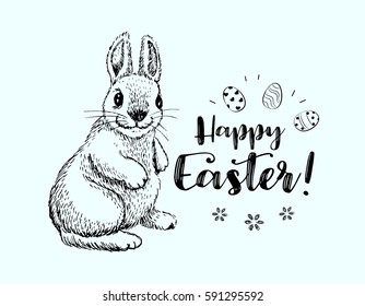 Happy Easter vintage doodle greeting card with Easter bunny. Vector illustration, isolated on blue background.