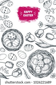 Happy Easter vintage frame. Hand drawn template for design. Easter eggs, spring tulip and branches collection. Retro style sketch