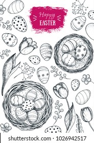 Happy Easter vintage frame. Hand drawn template for design. Easter eggs, spring tulip and branches collection. Retro style sketch