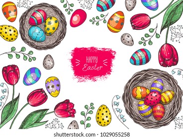 Happy Easter vintage frame. Hand drawn template for design. Easter eggs, spring tulip and branches collection. Cartoon style illustration.