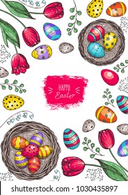 Happy Easter vintage frame. Hand drawn template for design. Easter eggs, spring tulip and branches collection. Cartoon style illustration.