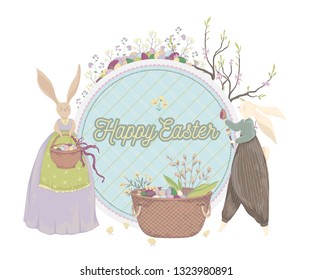 Happy Easter. Vintage greeting card with bunny, eggs, flowers, basket, spring tree, chicks. Holiday design template. Vector illustration in watercolor style
