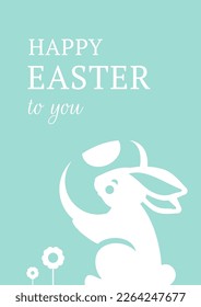 Happy Easter vintage greeting card bunny with chicken egg design template vector flat illustration. Religious holiday traditional celebration rabbit animal with eggshell spring flower blue decor