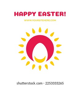 Happy Easter vintage greeting social media post design template painted chicken egg sun beam vector flat illustration. Traditional religious holiday festive internet advertising eggshell decor