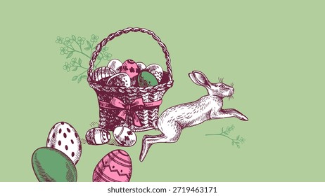 Happy Easter vintage hand drawn banner with bunny, basket and eggs. Greeting card and invitation design. Retro sketch vector illustration