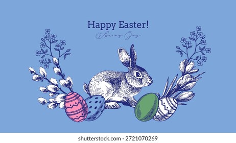 Happy Easter vintage hand drawn banner with bunny and eggs. Greeting card and invitation design. Retro sketch vector illustration