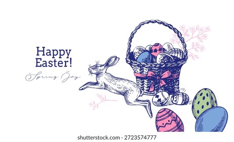 Happy Easter vintage hand drawn banner with bunny, basket and eggs. Greeting card and invitation design. Retro sketch vector illustration