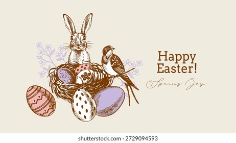 Feliz Pascua vintage mano dibujado Anuncio con conejito, nido, pájaro, flores y huevos. Tarjeta de felicitación y diseño de invitación. Ilustración vectorial de boceto retro