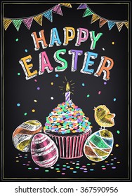 Happy Easter vintage poster. Easter cake with eggs. Freehand drawing with imitation of chalk sketch 