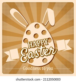 Happy Easter vintage poster greeting card, egg, rabbit ears, text. Retro illustration template background vector