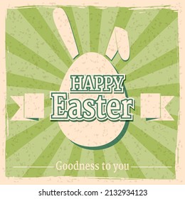 Happy Easter vintage poster greeting card, egg, rabbit ears, text. Retro illustration template background vector