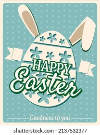 Happy Easter vintage poster greeting card, egg, rabbit ears, text. Retro illustration template background vector