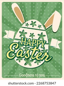 Tarjeta de felicitación del afiche de la época de Pascua feliz, huevo, orejas de conejo, texto. vector de fondo de plantilla de ilustración retro