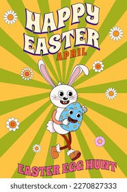 Happy Easter vintage poster Trendy Easter Groovy 1970 style with flowers, egg,
