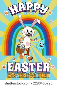 Happy Easter vintage poster Trendy Easter Groovy 1970 style with flowers, egg, rainbow