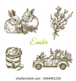 Happy Easter! Vintage set of beautiful elements. Engraving style. Vector illustration.