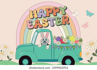 Happy Easter vintage stickers cute rabbit character. Trendy Easter design with typography, flowers, eggs, in pastel colors. Spring holiday concept in trendy retro 60s 70s cartoon style.