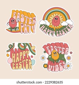 Happy Easter vintage stickers set. Trendy Easter design with typography, flowers, eggs, in pastel colors. Retro groovy style