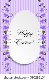 Happy Easter. Vintage style Easter greeting card. Paper egg on violet striped background with beautiful flower pattern.