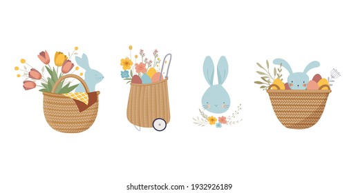 Happy Easter, Vintage Style Easter Rattan Baskets With Eggs, Flowers And Bunnies. Retro Boho Easter Clipart