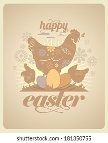 Happy Easter vintage vector design with hens and eggs.