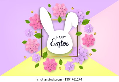 Happy Easter. Violet background with Easter bunny. Golden border and flowers. Vector