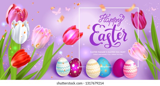 Feliz feriado violeta Páscoa quadro. Fundo bonito com ovos de Páscoa coloridos realistas e tulipas. Ilustração de vetor festivo.