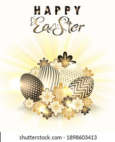 Happy Easter vip card with eggs and flowers, vector illustration
