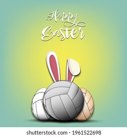 Happy Easter. Volleyball ball with ears rabbit. Easter eggs decorated in the form of a volleyball ball on an isolated background. Pattern for greeting card, banner, poster. Vector illustration