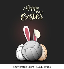 Happy Easter. Volleyball ball with ears rabbit. Easter eggs decorated in the form of a volleyball ball on an isolated background. Pattern for greeting card, banner, poster. Vector illustration