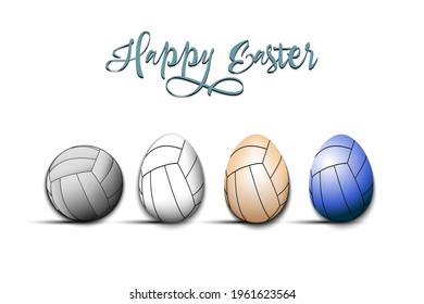 Happy Easter. Volleyball ball and eggs decorated in the form of a volleyball ball on an isolated background. Pattern for greeting card, banner, poster, invitation. Vector illustration