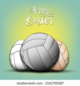 Happy Easter. Volleyball ball and easter eggs decorated in the form of a volleyball balls. Pattern for greeting card, banner, poster. Vector illustration on isolated background
